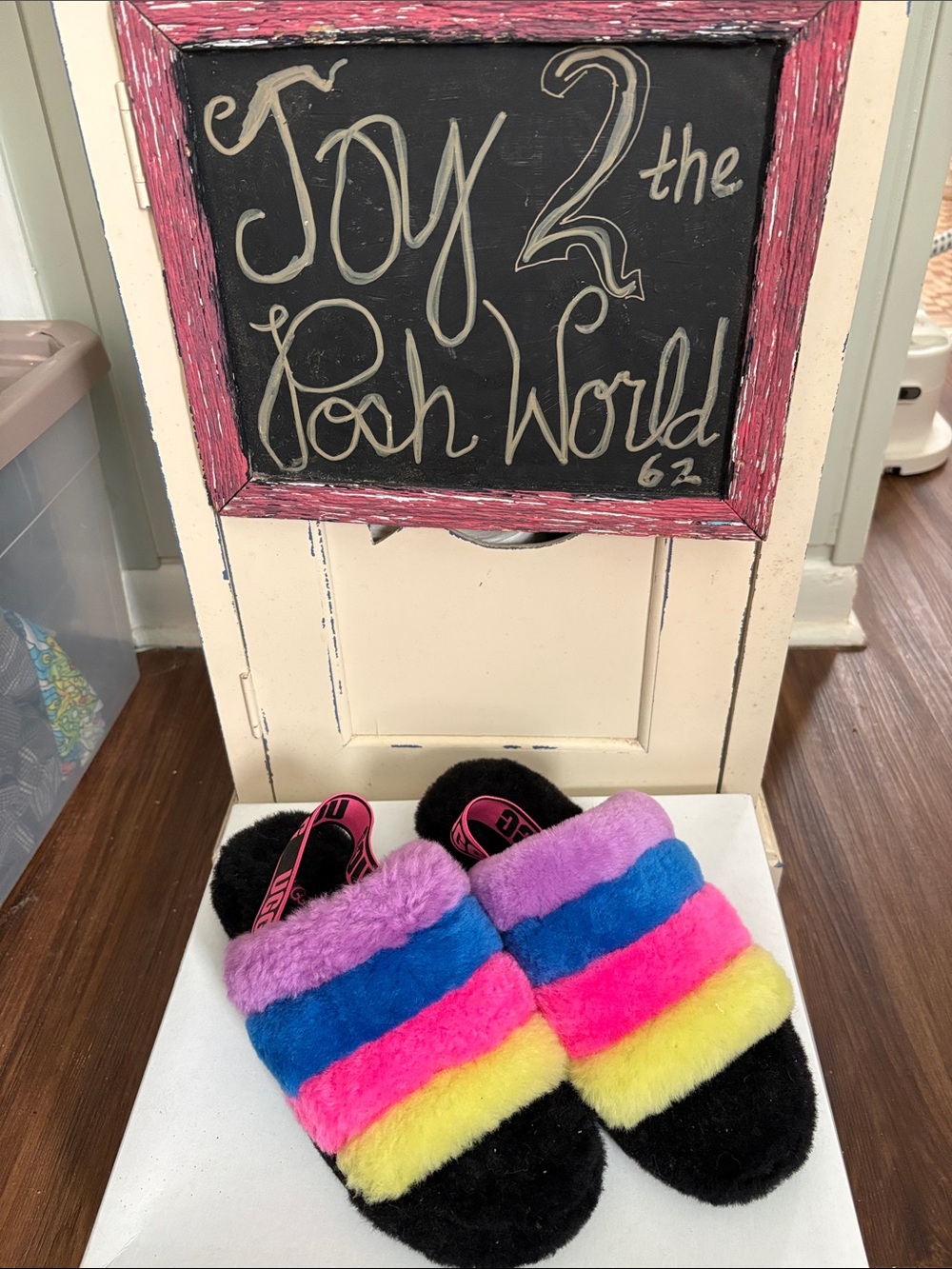 UGG Fluff Yeah Slide Sandal in Black with Purple, Blue, Pink & Yellow Straps